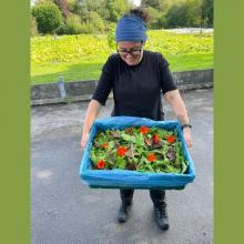Aoife showing the various salad leaves she's harvested this year